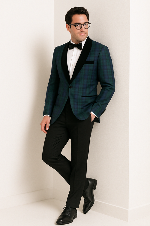 Green Tartan Tuxedo Dinner Jacket - Green and Blue Plaid Blazer - Checkered Sportcoat