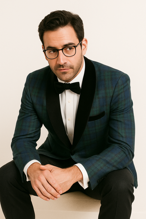 Green Tartan Tuxedo Dinner Jacket - Green and Blue Plaid Blazer - Checkered Sportcoat