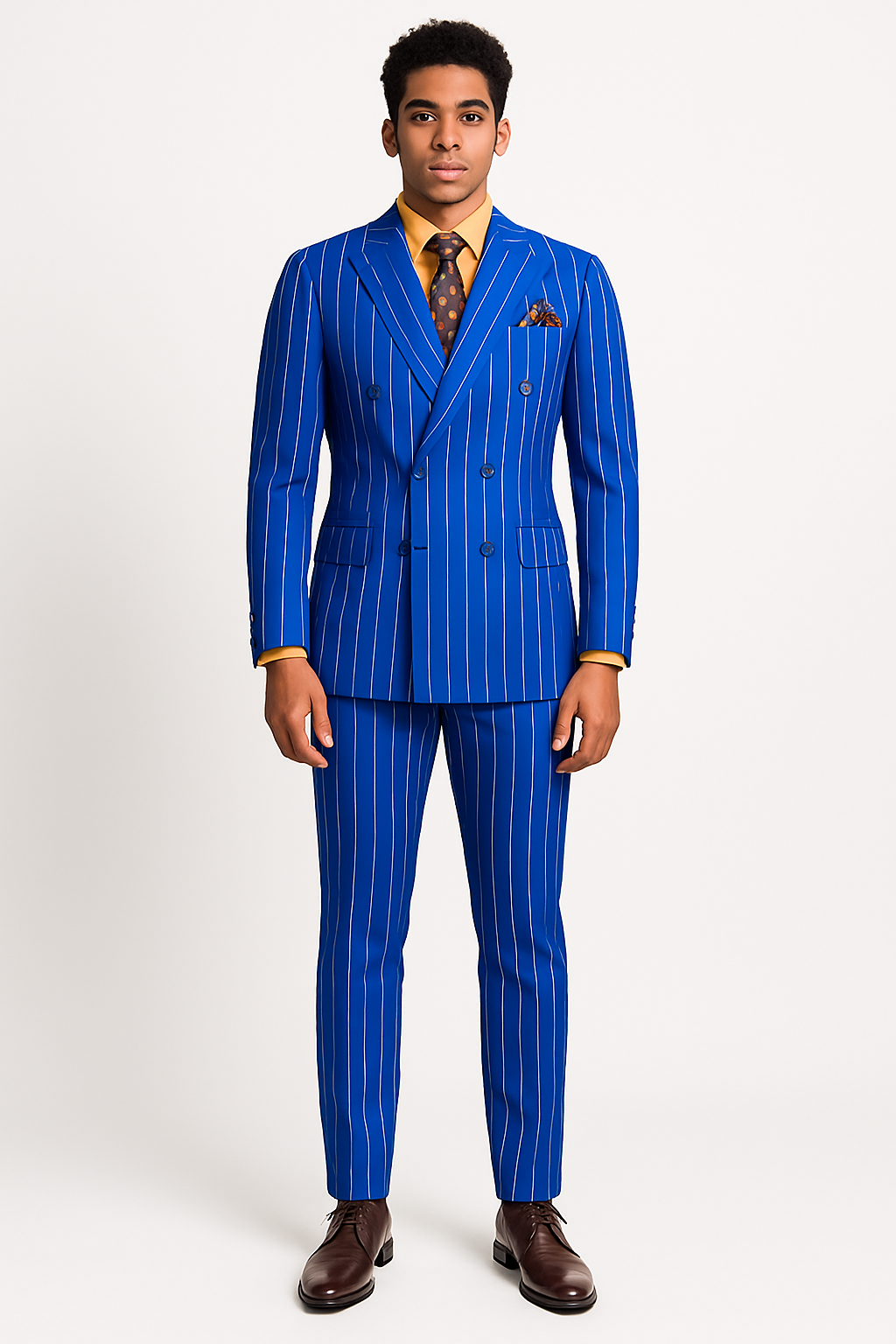 Mens Double Breasted Blazer Suit Jacket - Bold Pinstripe Sport Coat in Royal and White Pinstripe