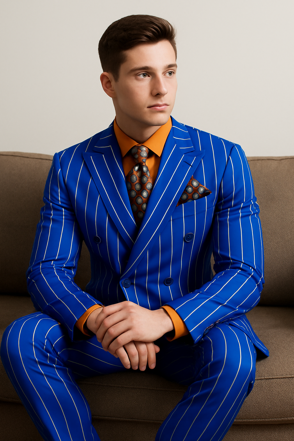Mens Double Breasted Blazer Suit Jacket - Bold Pinstripe Sport Coat in Royal and White Pinstripe