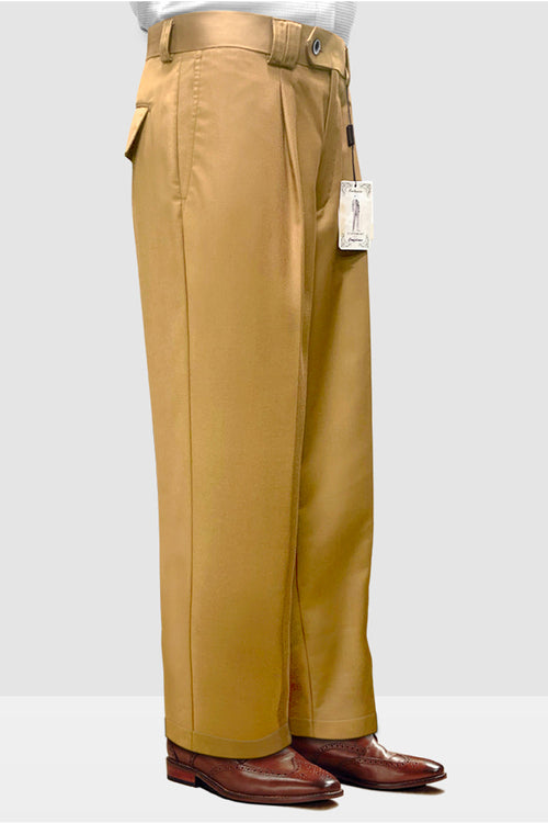 Camel Italian wool wide-leg dress pants with high waist and pleats. Smooth fabric, straight cut to ankle. Features side pockets and belt loops. Solid camel color. Tag attached.