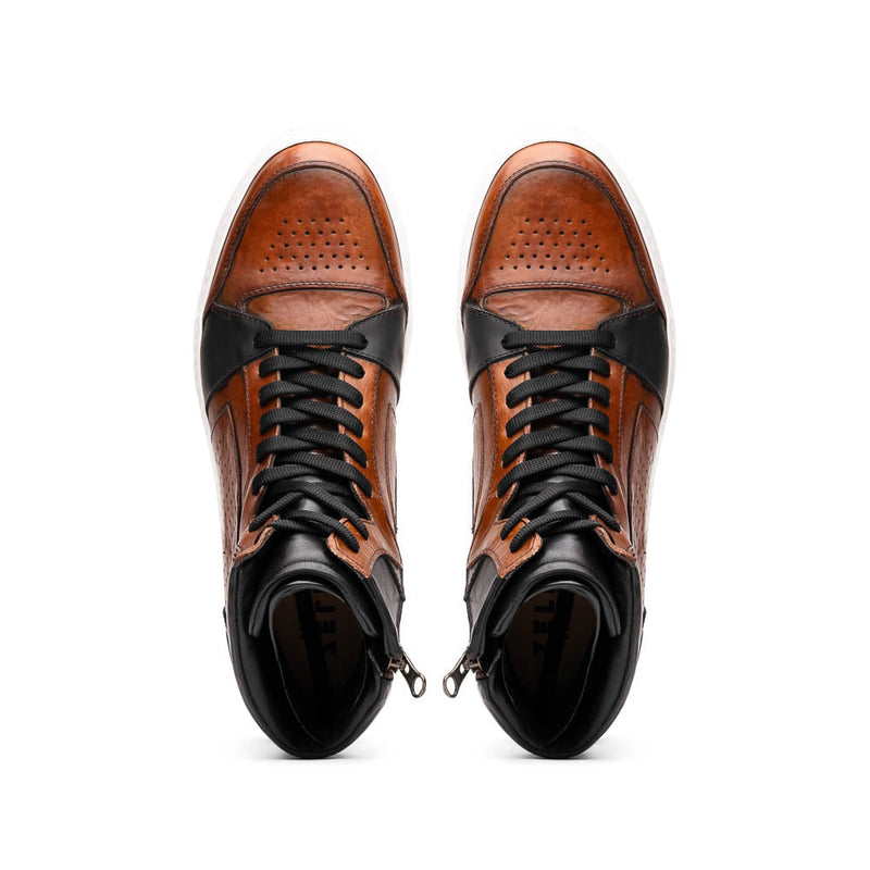 Zelli Bravo Burnished Calfskin High Top Dress Sneaker in Brown