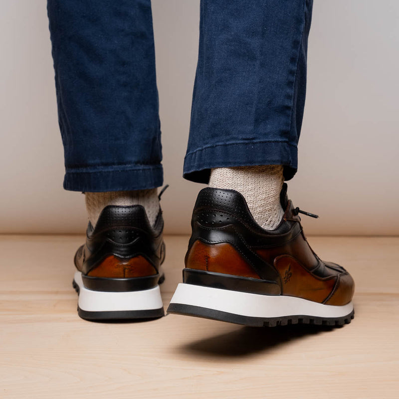 Zelli Bravo Hand Finished Calfskin Trainer Sneaker in Cognac