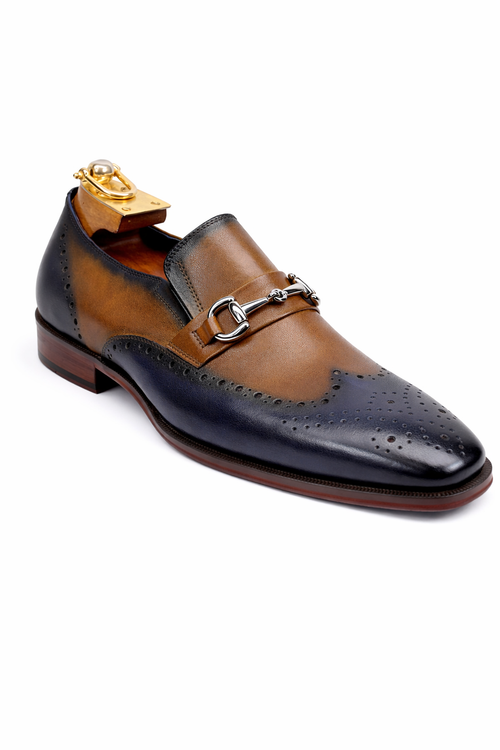 Mens Wholecut Two Tone Leather Wingtip Loafer Dress Shoes in Blue & Tan