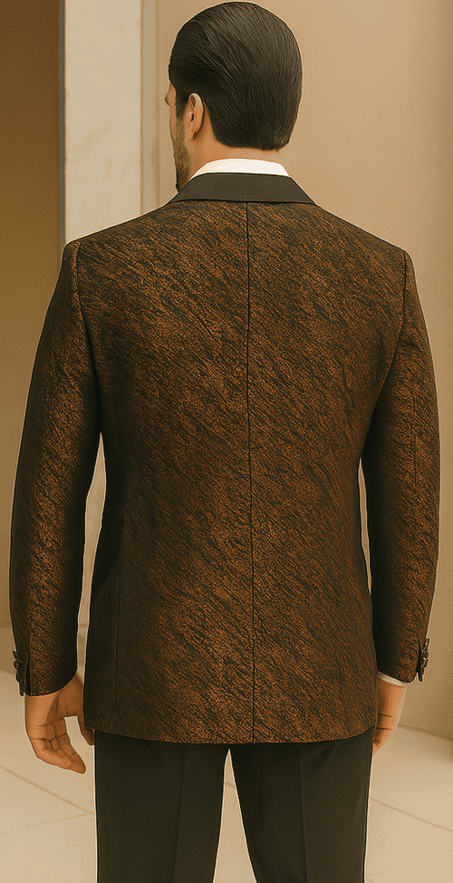 Bronze double-breasted jacket. Rough streak pattern with satin texture. Satin peak lapel. Structured fit at the back.