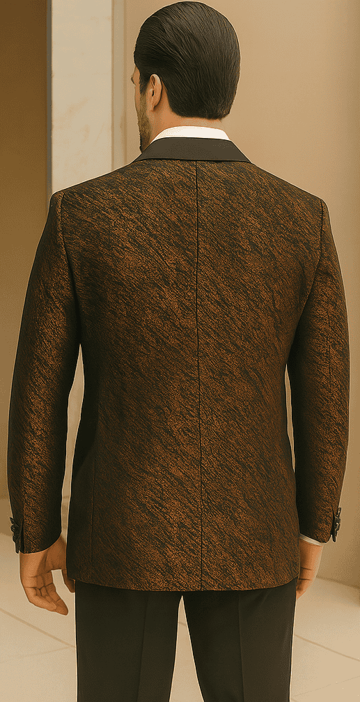 Bronze double-breasted jacket. Rough streak pattern with satin texture. Satin peak lapel. Structured fit at the back.