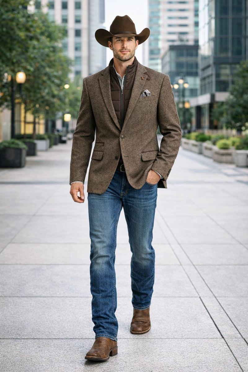 Men’s Brown Herringbone Tweed Cowboy Western Blazer – Classic Country Sport Coat Jacket for Ranch Wear, Cowboy Jacket