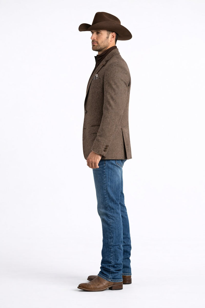 Men’s Brown Herringbone Tweed Cowboy Western Blazer – Classic Country Sport Coat Jacket for Ranch Wear, Cowboy Jacket
