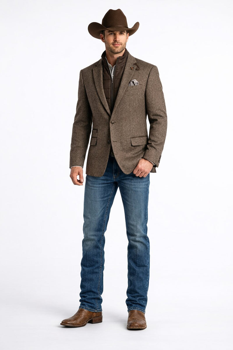 Men’s Brown Herringbone Tweed Cowboy Western Blazer – Classic Country Sport Coat Jacket for Ranch Wear, Cowboy Jacket