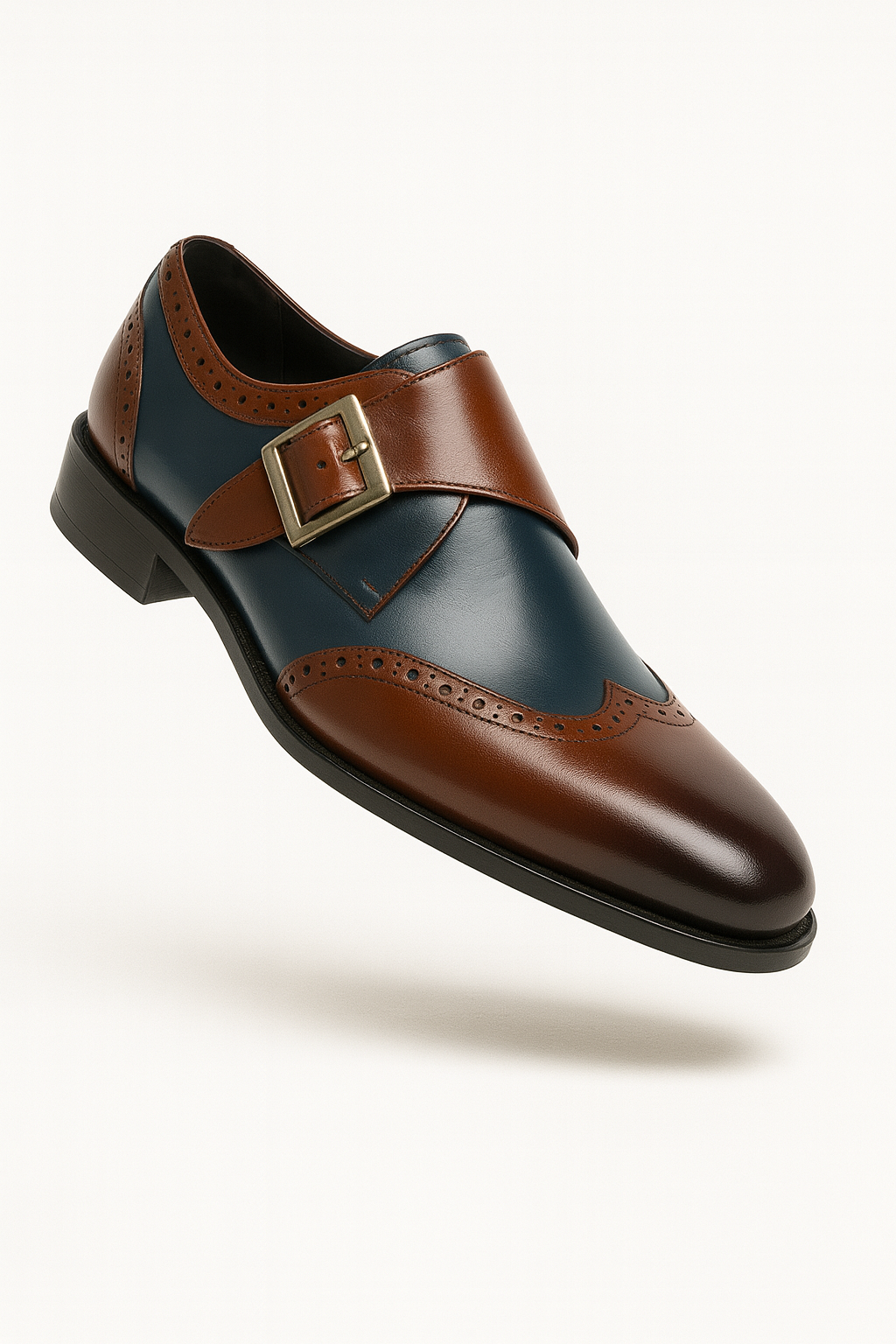 Mens Leather Wingtip Monk Strap Dress Shoe in Brown & Navy