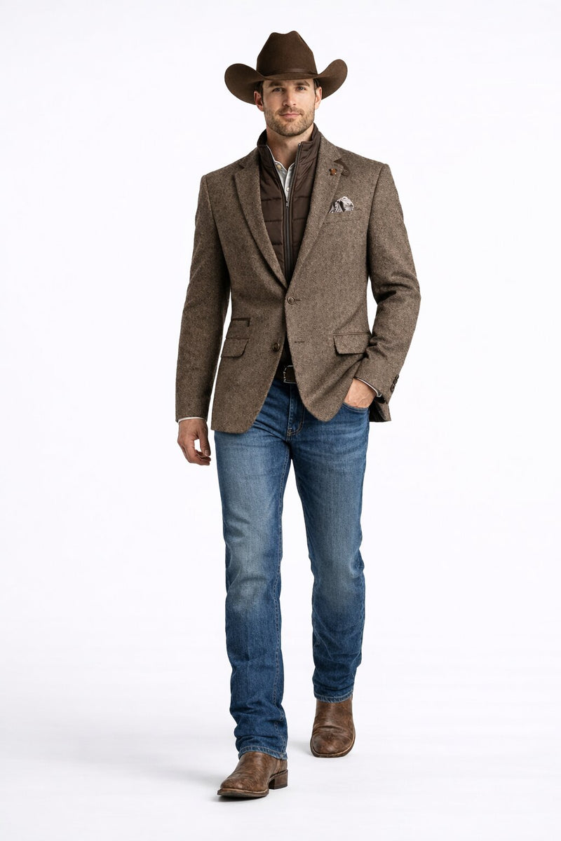 Men’s Brown Herringbone Tweed Cowboy Western Blazer – Classic Country Sport Coat Jacket for Ranch Wear, Cowboy Jacket