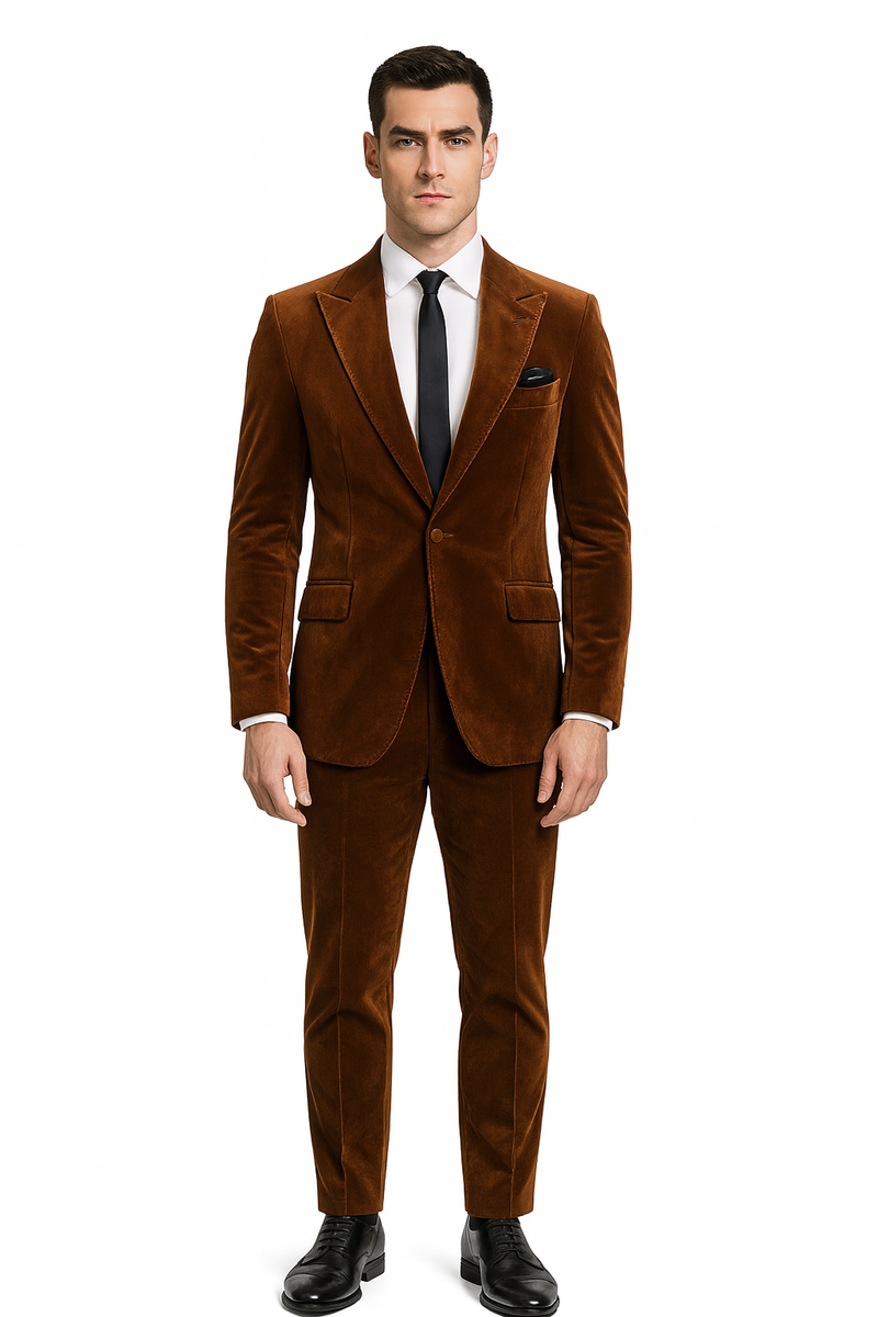 Men's brown velvet two-piece suit. Slim-fit formal blazer with notch lapels, single-button closure. Straight-cut pants. Rust copper color for a cohesive look.