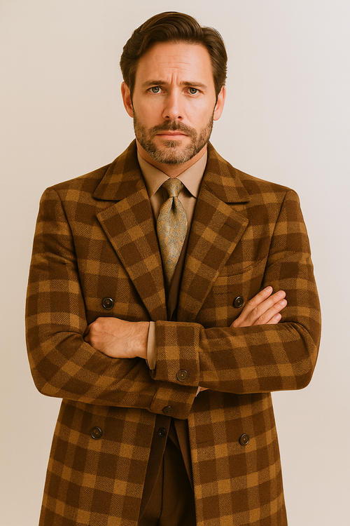 "Men's Double Breasted Wool Overcoat - Full Length, Belted, Brown Windowpane"