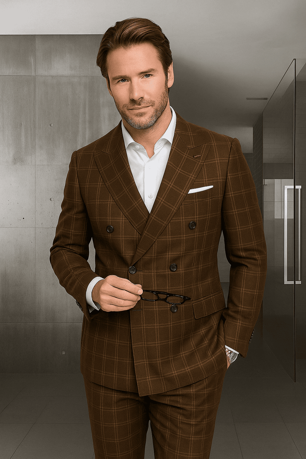 Wool Suit - Italian Made Business Suit by Statement Men's 100% Wool 2 Piece Suit - Double Breasted Windowpane