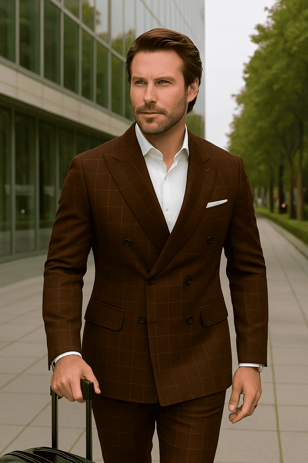 Wool Suit - Italian Made Business Suit by Statement Men's 100% Wool 2 Piece Suit - Double Breasted Windowpane
