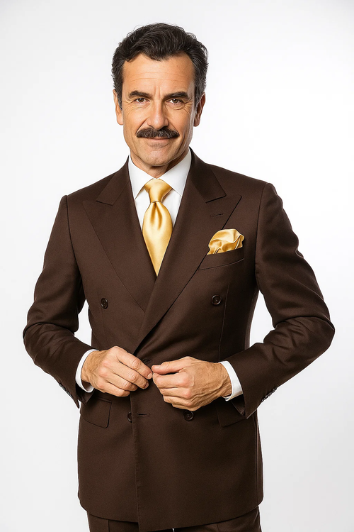 Brown, double-breasted suit (100% wool) with a classic fit. Jacket: peaked lapels, two pockets. Pants: baggy, pleated.