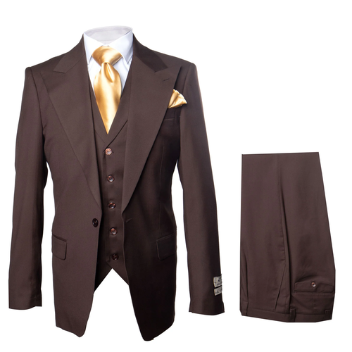 Classic fit brown wool suit. One-button jacket with peak lapels, vest, and wide-leg pleated pants. Jacket has four buttons and a pocket square. 100% wool.