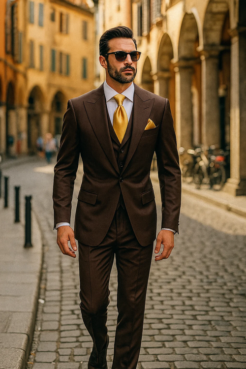 Classic fit three-piece suit in brown 100% wool. Includes a one-button jacket and wide-leg pleated pants. Styled with a gold tie and pocket square.