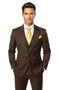 Classic fit, three-piece suit in brown 100% wool. Includes a one-button jacket, vest, and baggy pleated wide-leg pants.