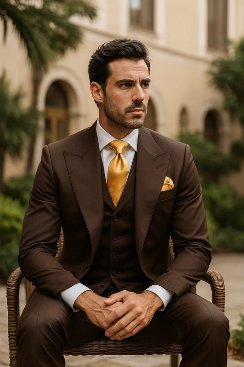 Brown One Button 3 Piece Suit by Rossiman