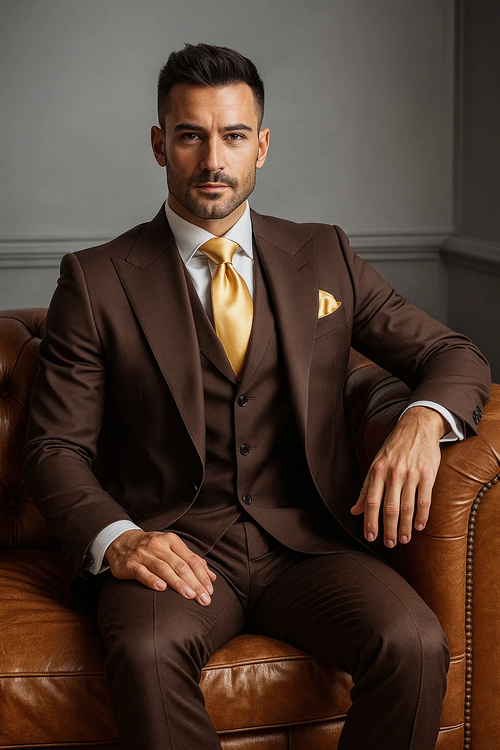 Brown three-piece suit (jacket, vest, trousers) crafted from 100% wool. Features a one-button jacket, a three-button vest, and slim trousers with a smooth texture and closed pleats.