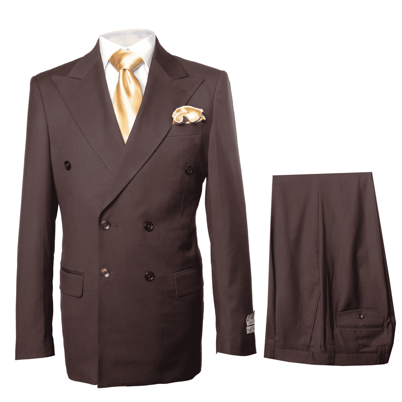 Brown double-breasted wool suit: jacket with distinct lapels, two pockets. Baggy pleated wide-leg pants, straight fit, cuffed hems.