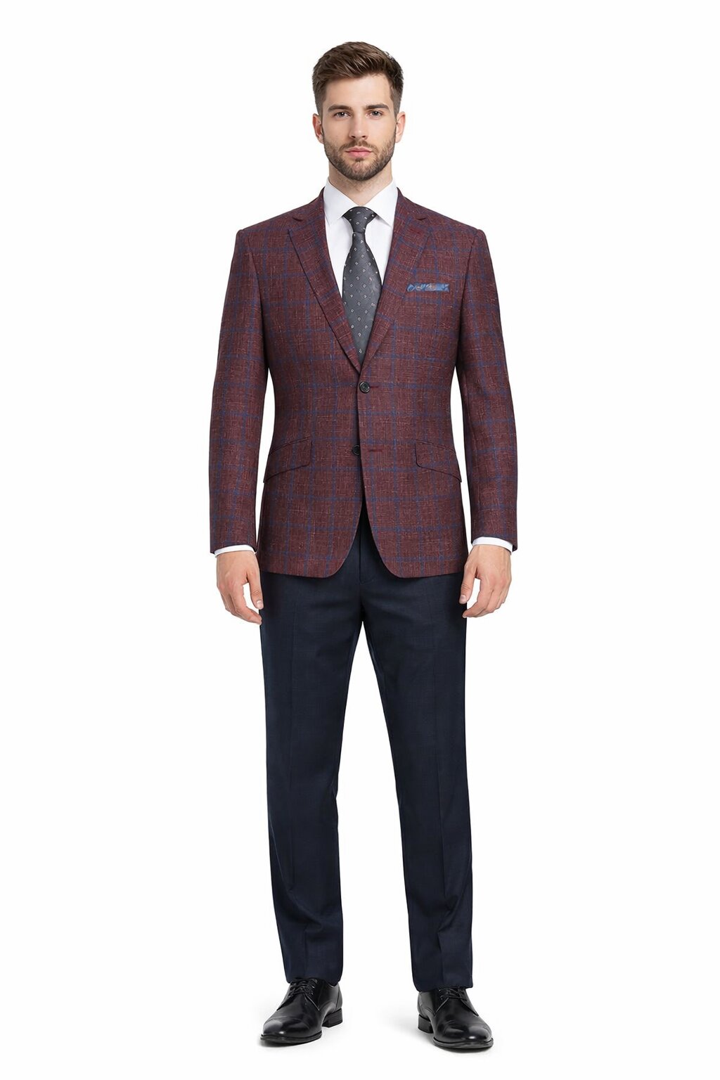 Sacos Para Hombre - Sacos Vaqueros Mens Slim Fit Two Button Wool Sport Coat Blazer in Burgundy & Blue Windowpane Plaid