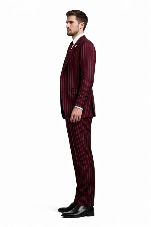 Mens 2 Button Vested 3 Piece Gangster Bold Pinstripe Suit Burgundy