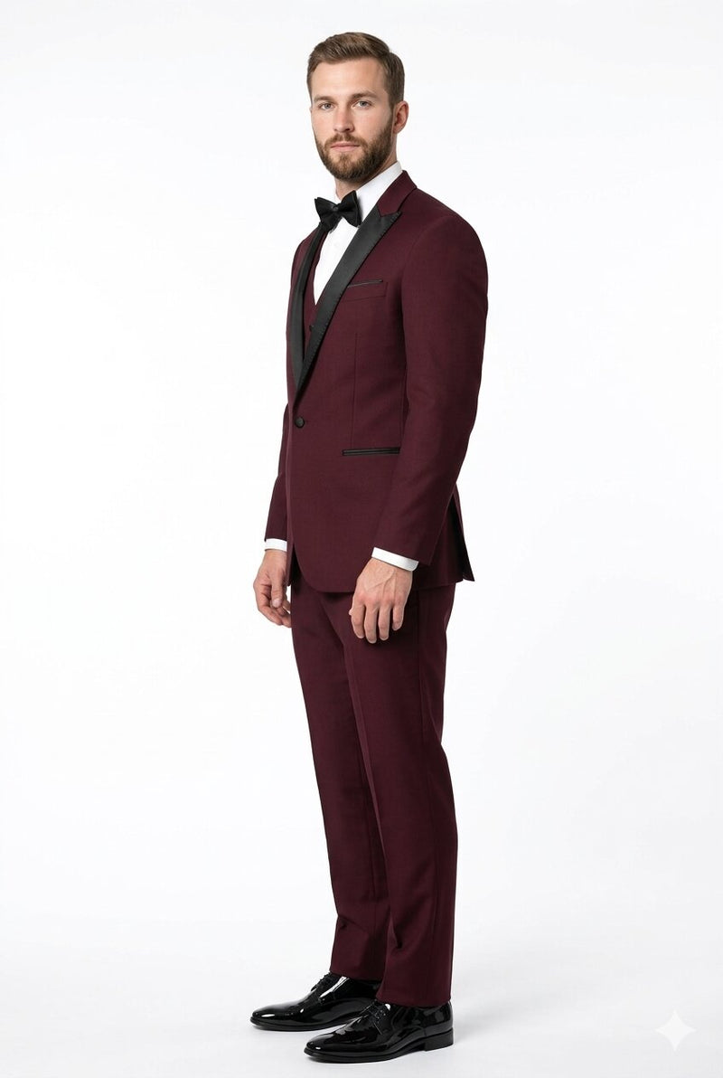 Men's Vested One Button Peak Lapel Designer Wedding Tuxedo in Burgundy
