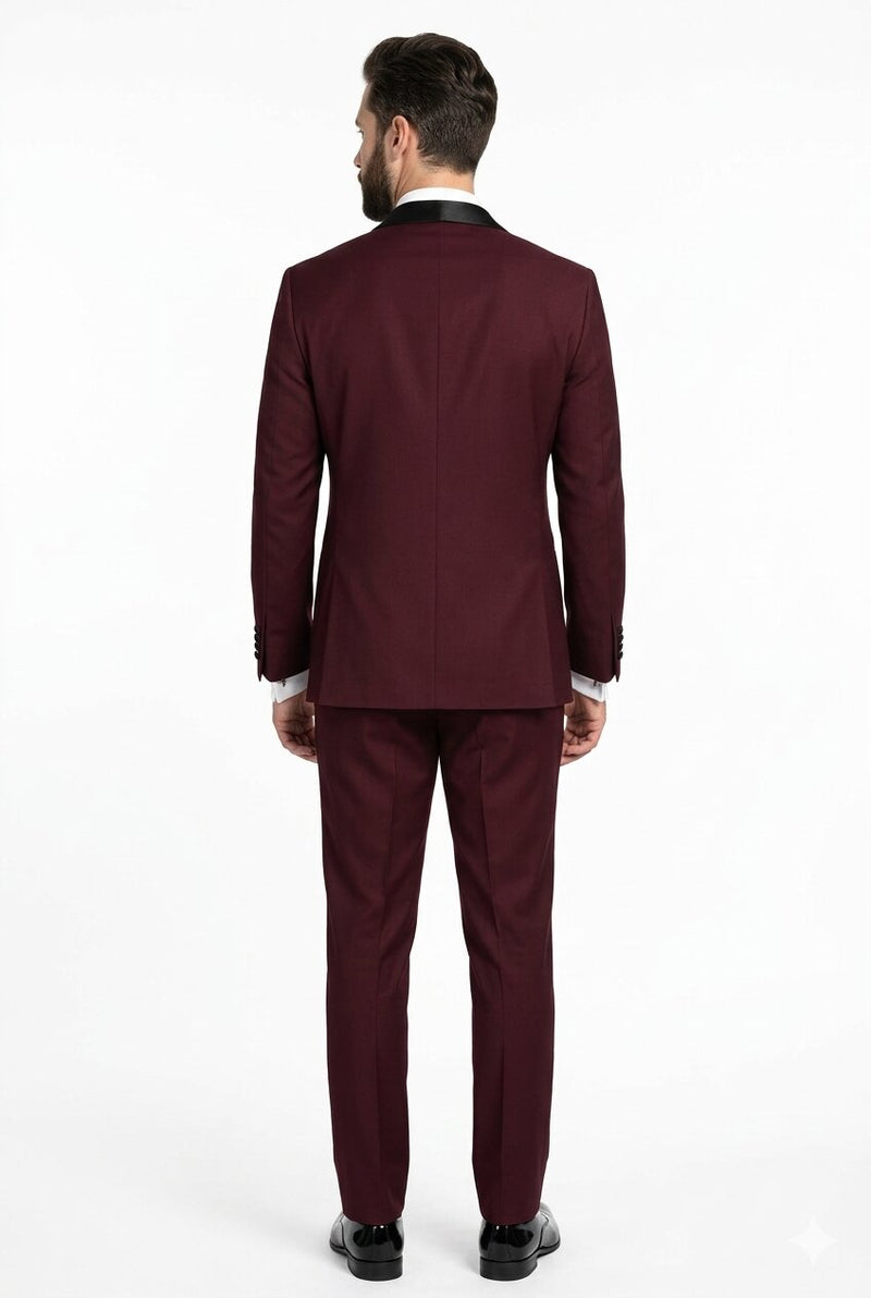 Men's Vested One Button Peak Lapel Designer Wedding Tuxedo in Burgundy