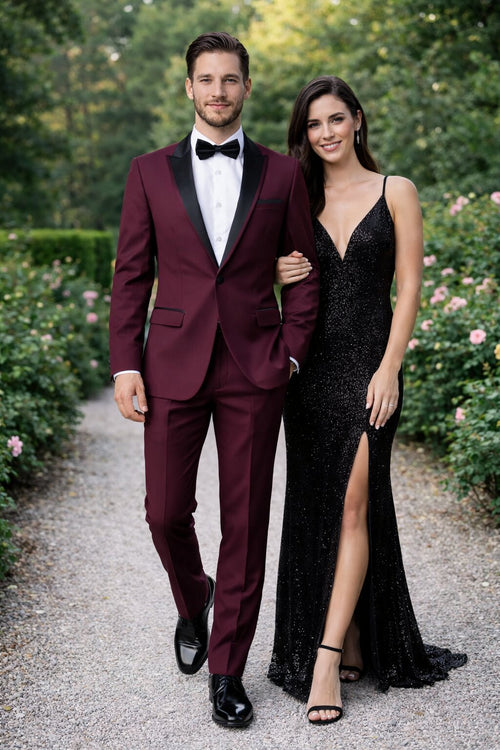 Men’s Slim Fit One Button Satin Trim Peak Lapel Tuxedo in Burgundy – Prom & Wedding Formal Suit
