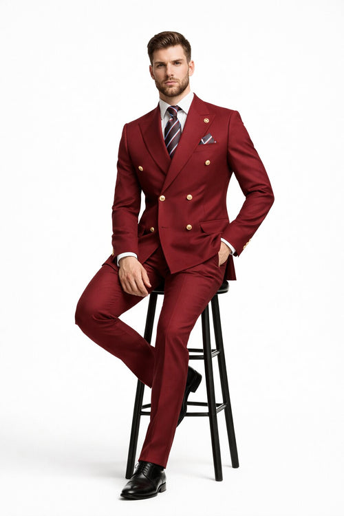 Mens Designer Modern Fit Double Breasted Wool Suit with Gold Buttons in Burgundy