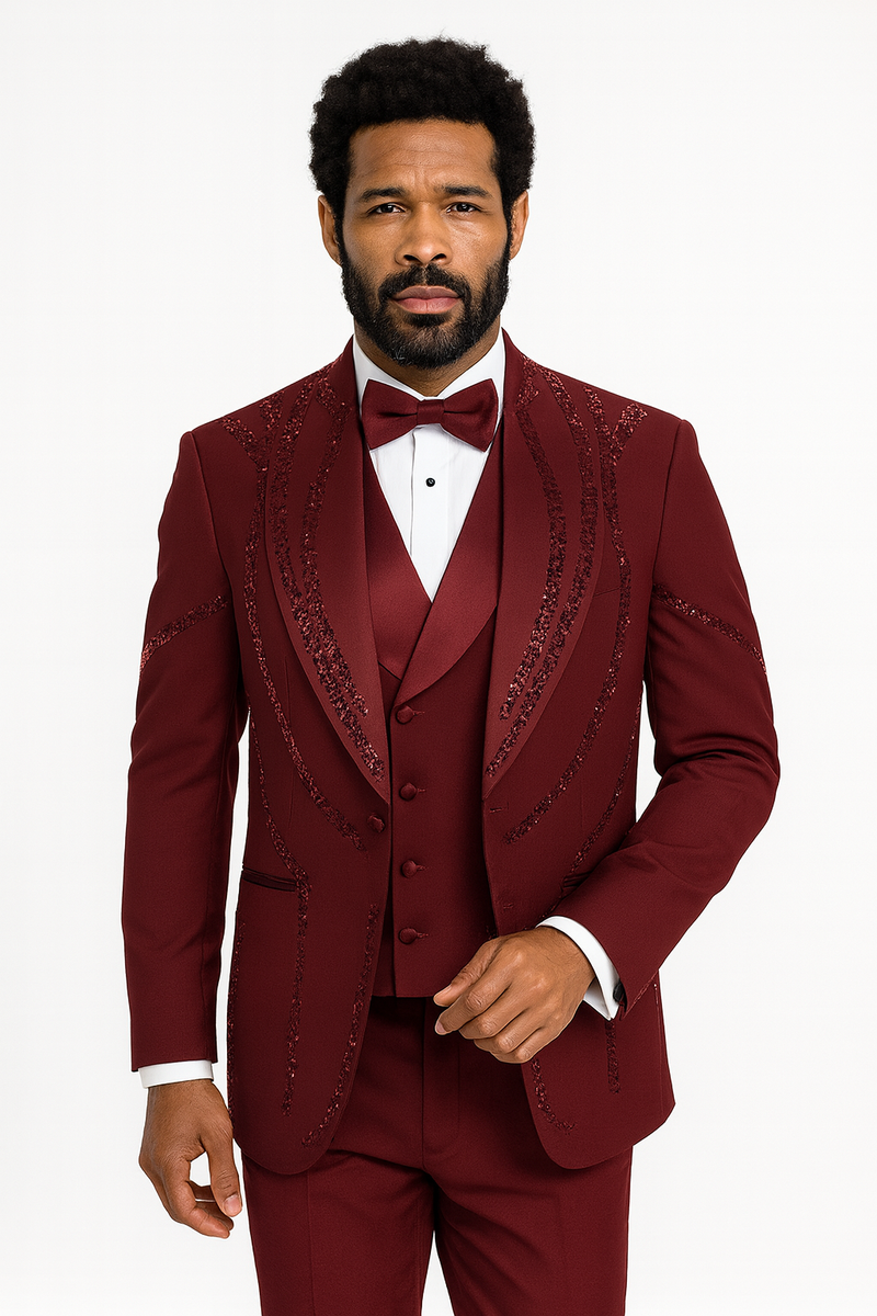 Burgundy Italian wool 3-piece tuxedo. Modern fit, single-breasted blazer, matching vest, tailored trousers. Subtle texture. Includes white shirt & bow tie styling.