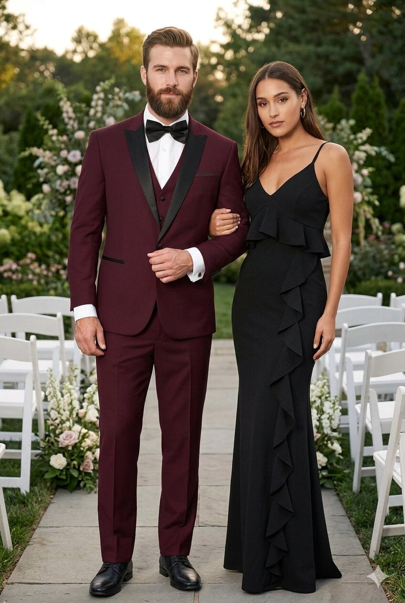 Men's Vested One Button Peak Lapel Designer Wedding Tuxedo in Burgundy