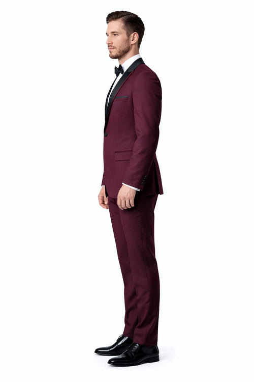 Men’s Slim Fit One Button Satin Trim Peak Lapel Tuxedo in Burgundy – Prom & Wedding Formal Suit