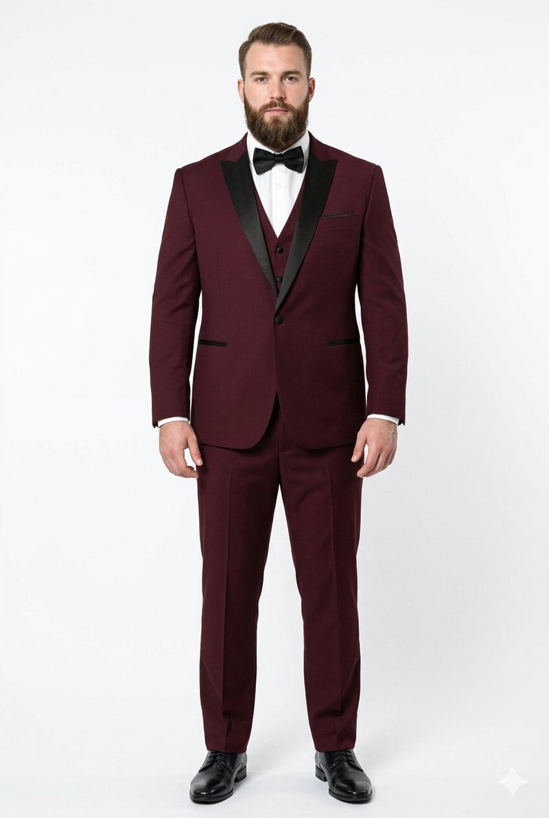 Men's Vested One Button Peak Lapel Designer Wedding Tuxedo in Burgundy