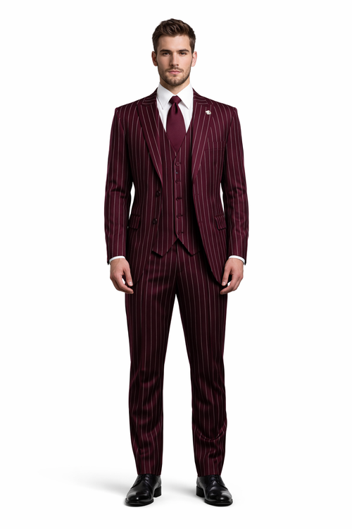 Mens 2 Button Vested 3 Piece Gangster Bold Pinstripe Suit Burgundy