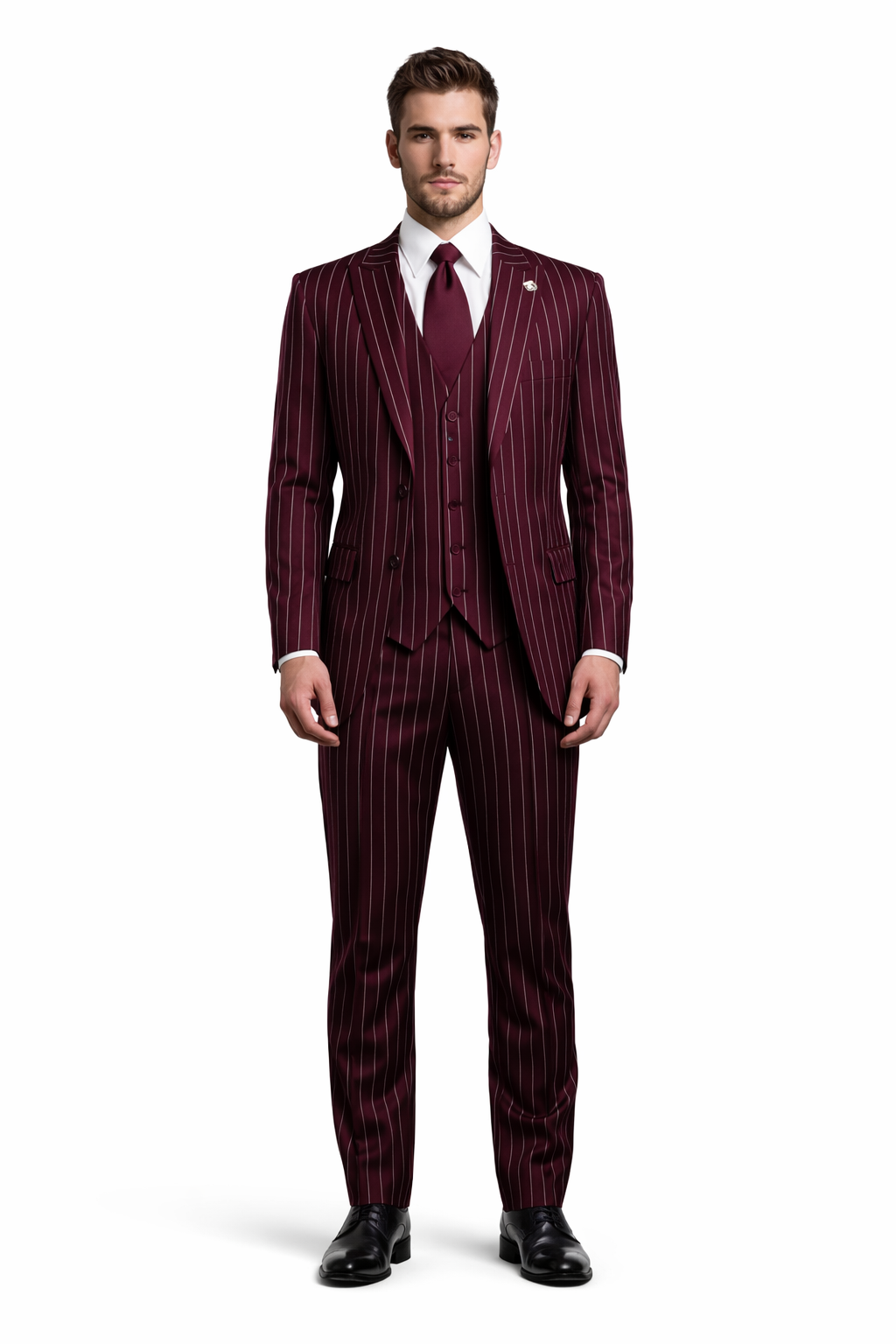 Mens 2 Button Vested 3 Piece Gangster Bold Pinstripe Suit Burgundy