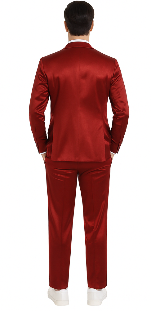 Burgundy satin Tazzio 3-piece suit for men. Slim fit, peak lapel jacket, double-breasted vest (back view). Matching tailored trousers. Deep burgundy color, smooth satin finish.