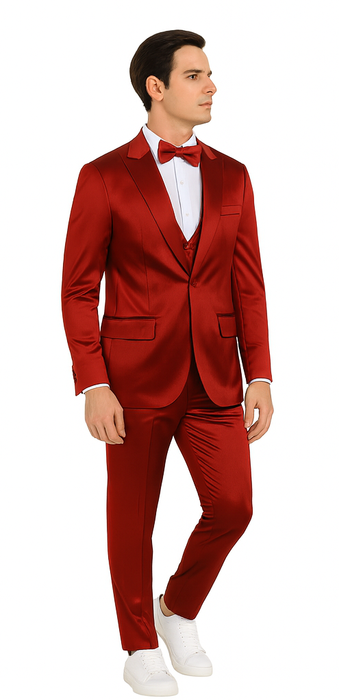 Burgundy satin Tazzio three-piece suit: slim fit, peak lapel jacket, double-breasted vest, matching trousers. Deep burgundy color, glossy finish. Includes a white dress shirt. Tailored silhouette, two front pockets. Sleek, streamlined design.