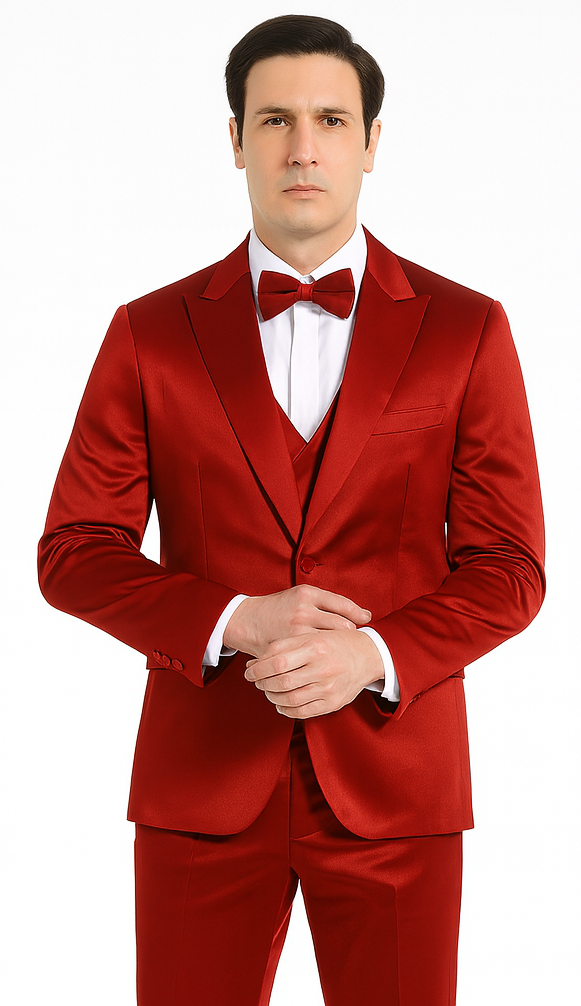 Men's burgundy satin slim-fit three-piece suit. Peak lapel jacket, double-breasted vest. Solid burgundy, smooth, reflective finish. Streamlined, no patterns. Vest connects to pants.
