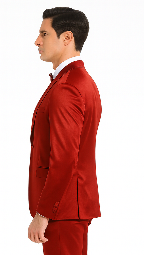 Men's burgundy Tazzio 3-piece suit. Slim fit with peak lapel jacket, double-breasted vest, and matching trousers. Crafted from luxurious satin.