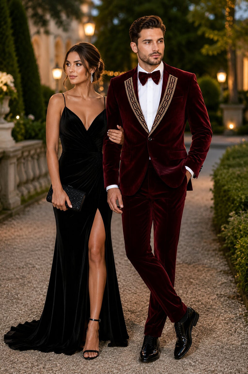 EJ Samuel Men's Burgundy Modern Fit Velvet Tuxedo with Gold Sequin Lapel