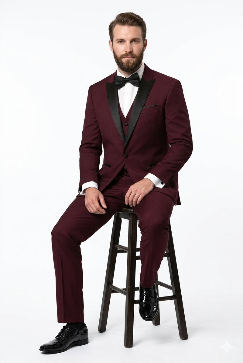 Men's Vested One Button Peak Lapel Designer Wedding Tuxedo in Burgundy