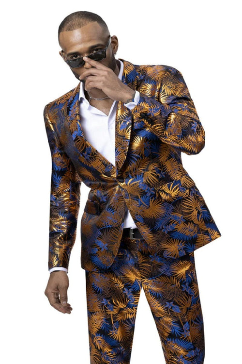 "Tropical Print Men's Foil Suit with Shawl Lapel - One Button, Blue & Orange" Orange Prom 2025 Suits