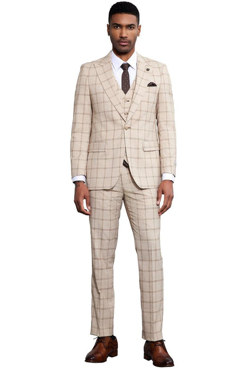 Men's Stacy Adams tan windowpane plaid suit. Fitted, one-button, peak lapel design. Includes matching vest. Slim-fit trousers. Smooth fabric for a structured look.