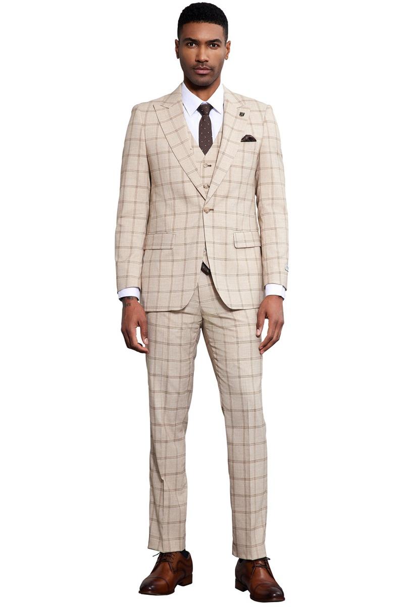 Men's Stacy Adams tan windowpane plaid suit. Fitted, one-button, peak lapel design. Includes matching vest. Slim-fit trousers. Smooth fabric for a structured look.