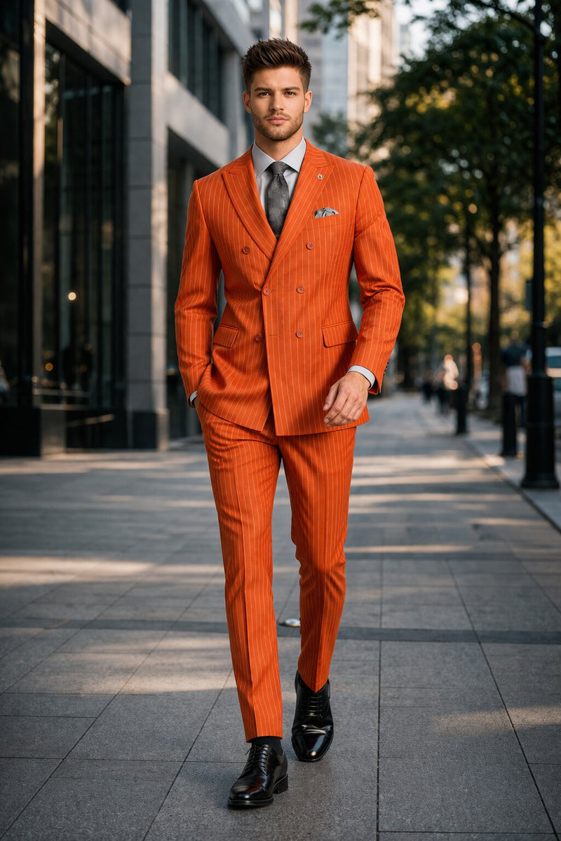Mens Slim Fit Orange Pinstripe Canyon Clay Double Breasted Suit – Modern Designer Formal Suit