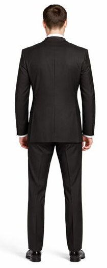 Carlo Lusso black suit by Albertonardoni. Two-button, tailored fit with straight cut. Poly blend, solid black. Vented back. Sleek pants complement the fitted jacket.