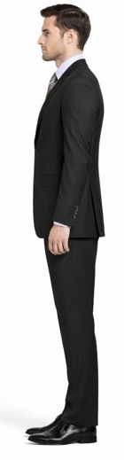 Carlo Lusso black suit by Albertonardoni. Tailored fit, poly blend. Solid black, two-button front, single back vent. Long sleeves, matching trousers. Subtle sheen.